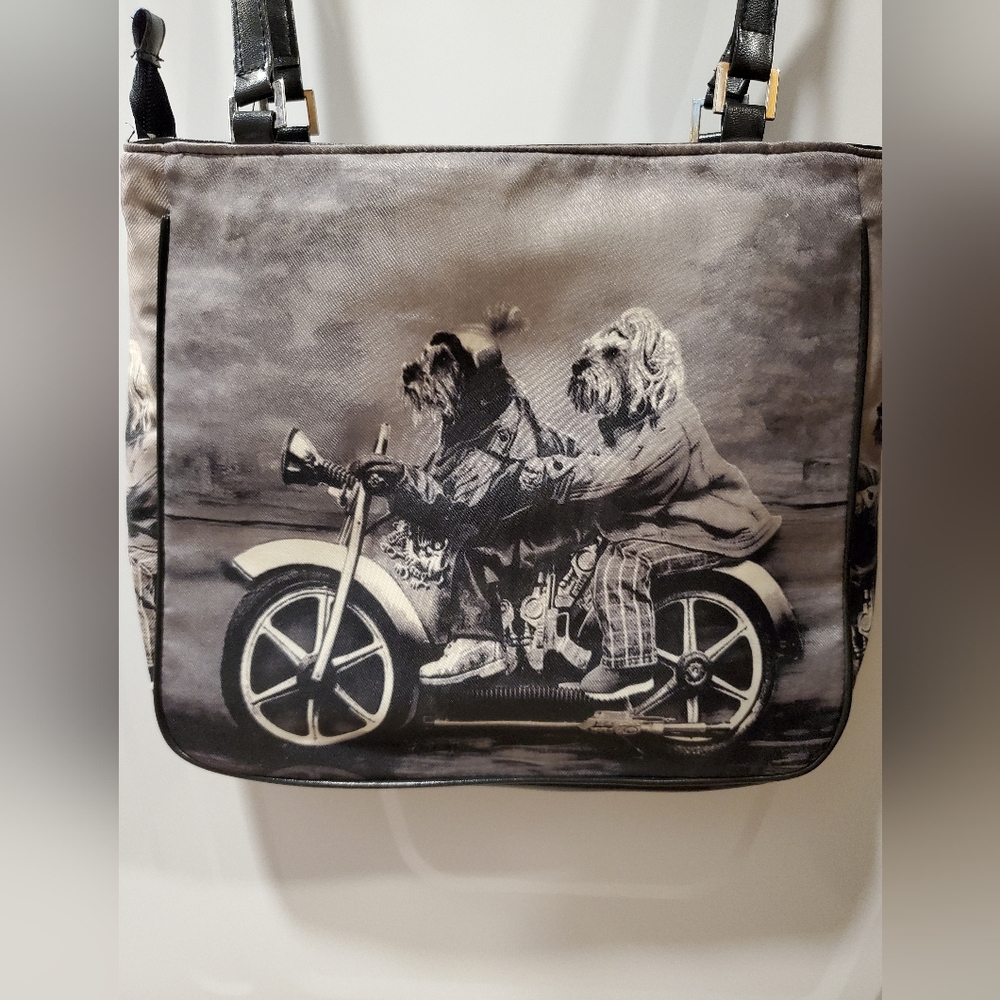 EUC Dogs on Motorcycle Purse Black and Grey